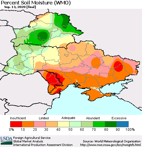 Ukraine, Moldova and Belarus Percent Soil Moisture (WMO) Thematic Map For 9/7/2020 - 9/13/2020