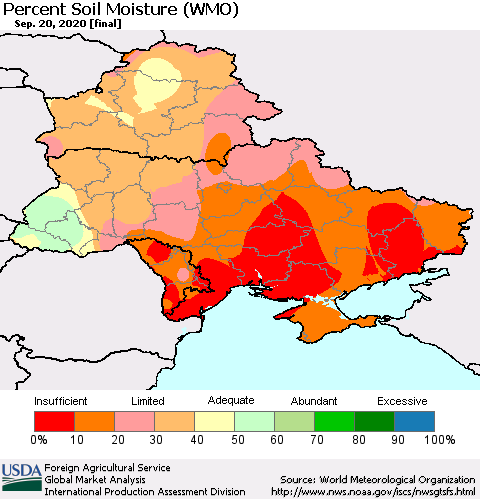 Ukraine, Moldova and Belarus Percent Soil Moisture (WMO) Thematic Map For 9/14/2020 - 9/20/2020