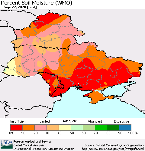 Ukraine, Moldova and Belarus Percent Soil Moisture (WMO) Thematic Map For 9/21/2020 - 9/27/2020