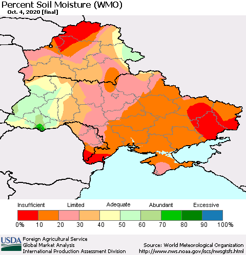 Ukraine, Moldova and Belarus Percent Soil Moisture (WMO) Thematic Map For 9/28/2020 - 10/4/2020