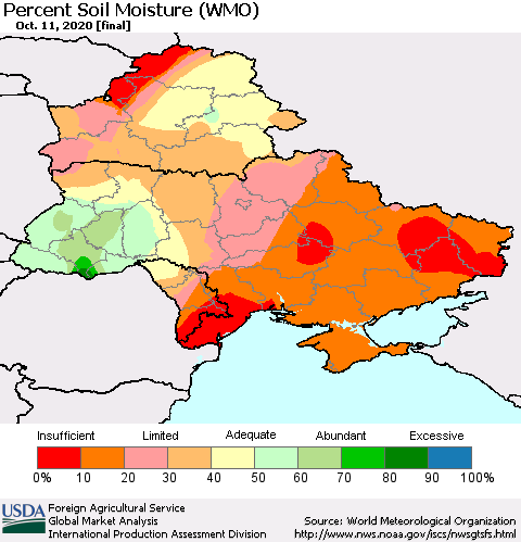 Ukraine, Moldova and Belarus Percent Soil Moisture (WMO) Thematic Map For 10/5/2020 - 10/11/2020