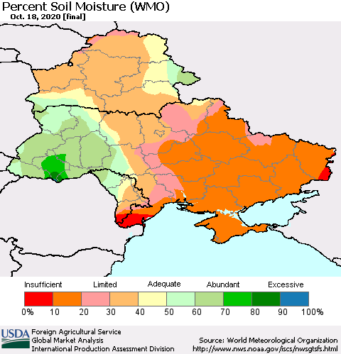 Ukraine, Moldova and Belarus Percent Soil Moisture (WMO) Thematic Map For 10/12/2020 - 10/18/2020