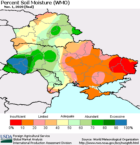 Ukraine, Moldova and Belarus Percent Soil Moisture (WMO) Thematic Map For 10/26/2020 - 11/1/2020