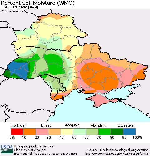 Ukraine, Moldova and Belarus Percent Soil Moisture (WMO) Thematic Map For 11/9/2020 - 11/15/2020