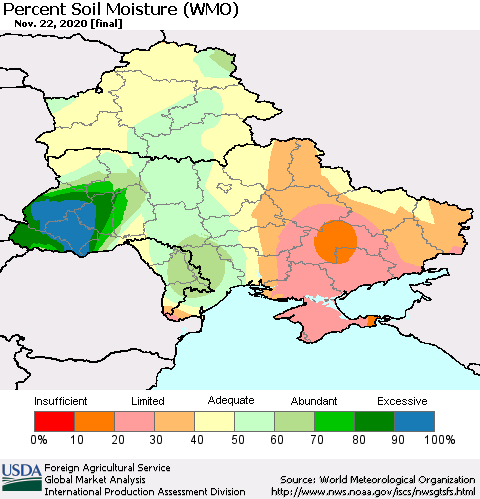 Ukraine, Moldova and Belarus Percent Soil Moisture (WMO) Thematic Map For 11/16/2020 - 11/22/2020