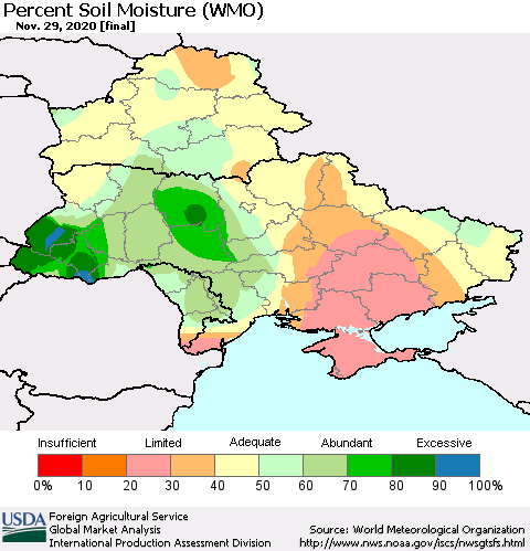 Ukraine, Moldova and Belarus Percent Soil Moisture (WMO) Thematic Map For 11/23/2020 - 11/29/2020