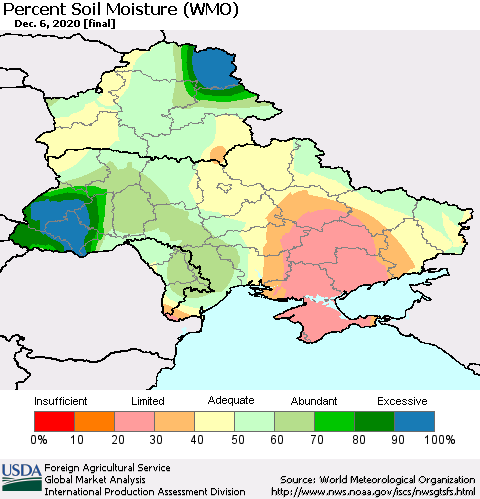Ukraine, Moldova and Belarus Percent Soil Moisture (WMO) Thematic Map For 11/30/2020 - 12/6/2020