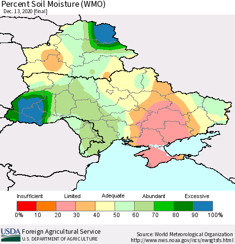 Ukraine, Moldova and Belarus Percent Soil Moisture (WMO) Thematic Map For 12/7/2020 - 12/13/2020