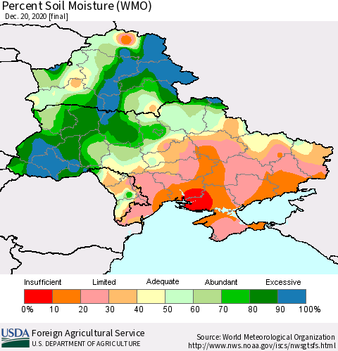 Ukraine, Moldova and Belarus Percent Soil Moisture (WMO) Thematic Map For 12/14/2020 - 12/20/2020