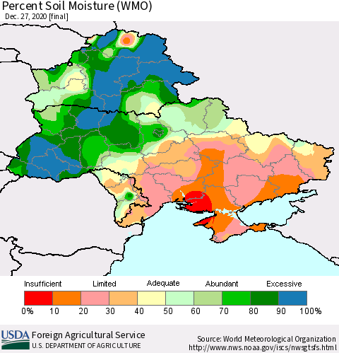 Ukraine, Moldova and Belarus Percent Soil Moisture (WMO) Thematic Map For 12/21/2020 - 12/27/2020