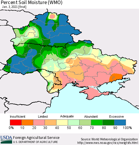 Ukraine, Moldova and Belarus Percent Soil Moisture (WMO) Thematic Map For 12/28/2020 - 1/3/2021