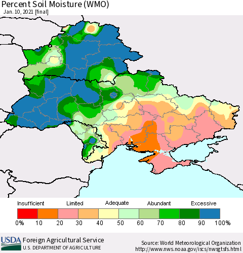Ukraine, Moldova and Belarus Percent Soil Moisture (WMO) Thematic Map For 1/4/2021 - 1/10/2021