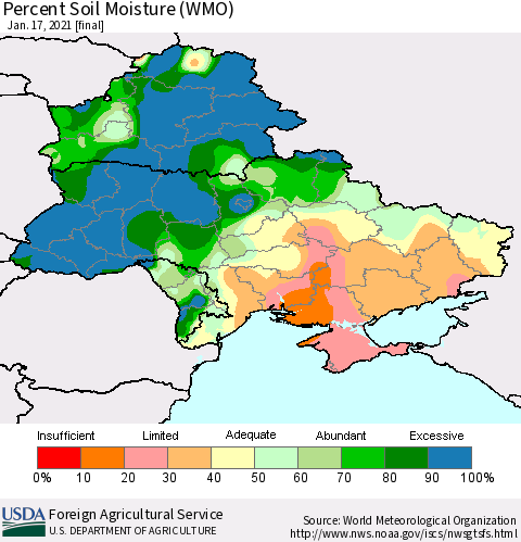 Ukraine, Moldova and Belarus Percent Soil Moisture (WMO) Thematic Map For 1/11/2021 - 1/17/2021