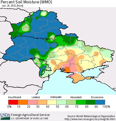 Ukraine, Moldova and Belarus Percent Soil Moisture (WMO) Thematic Map For 1/18/2021 - 1/24/2021