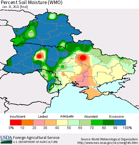 Ukraine, Moldova and Belarus Percent Soil Moisture (WMO) Thematic Map For 1/25/2021 - 1/31/2021