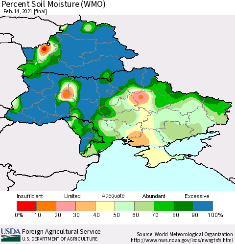 Ukraine, Moldova and Belarus Percent Soil Moisture (WMO) Thematic Map For 2/8/2021 - 2/14/2021