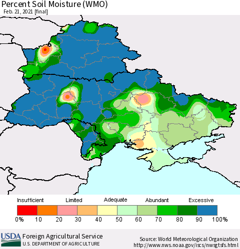 Ukraine, Moldova and Belarus Percent Soil Moisture (WMO) Thematic Map For 2/15/2021 - 2/21/2021