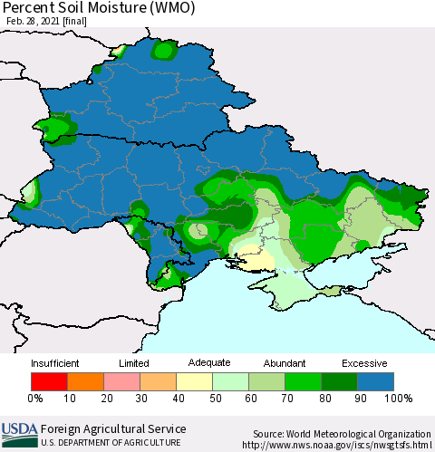 Ukraine, Moldova and Belarus Percent Soil Moisture (WMO) Thematic Map For 2/22/2021 - 2/28/2021