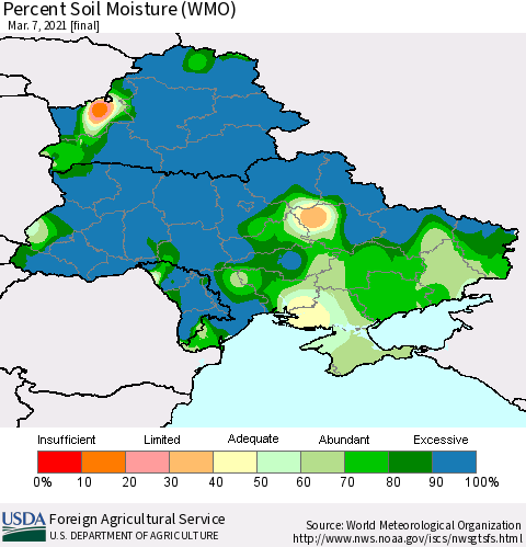Ukraine, Moldova and Belarus Percent Soil Moisture (WMO) Thematic Map For 3/1/2021 - 3/7/2021