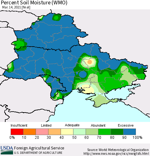 Ukraine, Moldova and Belarus Percent Soil Moisture (WMO) Thematic Map For 3/8/2021 - 3/14/2021