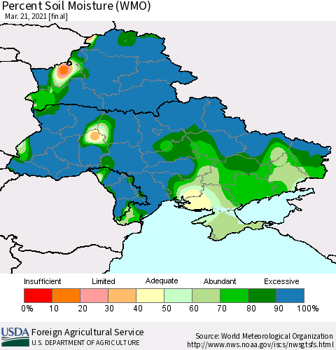 Ukraine, Moldova and Belarus Percent Soil Moisture (WMO) Thematic Map For 3/15/2021 - 3/21/2021