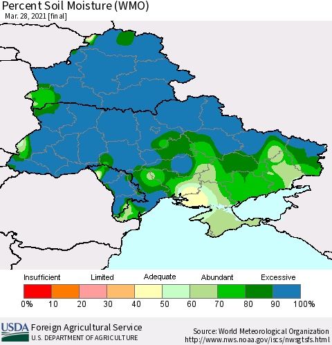 Ukraine, Moldova and Belarus Percent Soil Moisture (WMO) Thematic Map For 3/22/2021 - 3/28/2021