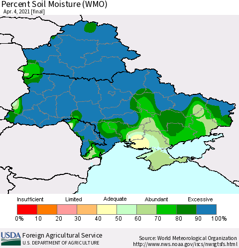 Ukraine, Moldova and Belarus Percent Soil Moisture (WMO) Thematic Map For 3/29/2021 - 4/4/2021