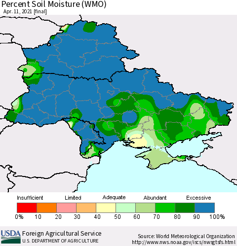 Ukraine, Moldova and Belarus Percent Soil Moisture (WMO) Thematic Map For 4/5/2021 - 4/11/2021