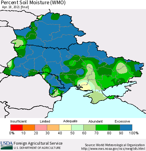Ukraine, Moldova and Belarus Percent Soil Moisture (WMO) Thematic Map For 4/12/2021 - 4/18/2021