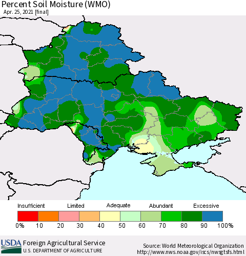Ukraine, Moldova and Belarus Percent Soil Moisture (WMO) Thematic Map For 4/19/2021 - 4/25/2021