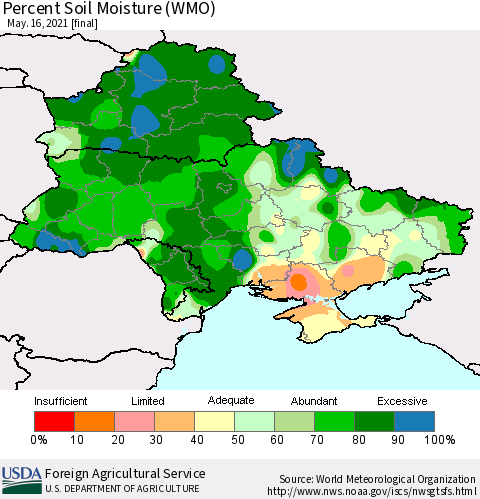Ukraine, Moldova and Belarus Percent Soil Moisture (WMO) Thematic Map For 5/10/2021 - 5/16/2021