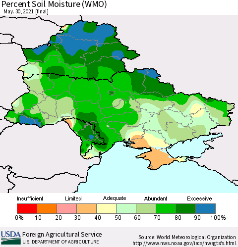 Ukraine, Moldova and Belarus Percent Soil Moisture (WMO) Thematic Map For 5/24/2021 - 5/30/2021