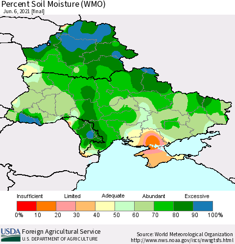 Ukraine, Moldova and Belarus Percent Soil Moisture (WMO) Thematic Map For 5/31/2021 - 6/6/2021