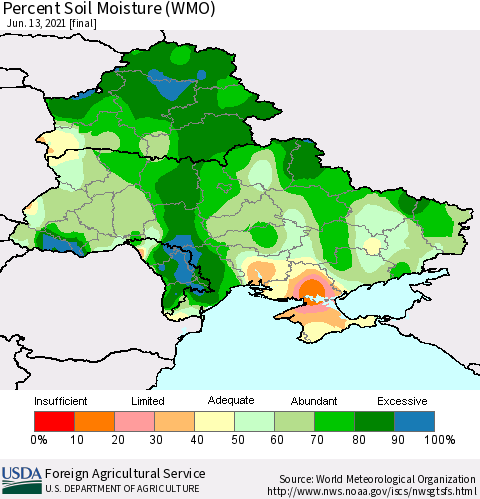 Ukraine, Moldova and Belarus Percent Soil Moisture (WMO) Thematic Map For 6/7/2021 - 6/13/2021