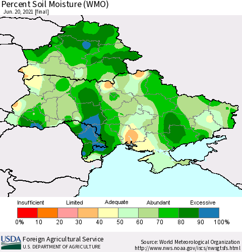 Ukraine, Moldova and Belarus Percent Soil Moisture (WMO) Thematic Map For 6/14/2021 - 6/20/2021