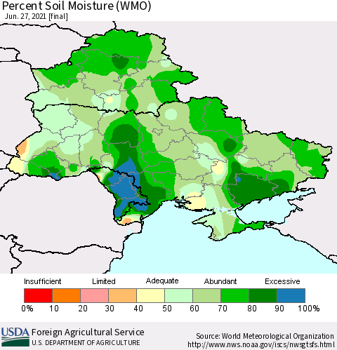 Ukraine, Moldova and Belarus Percent Soil Moisture (WMO) Thematic Map For 6/21/2021 - 6/27/2021