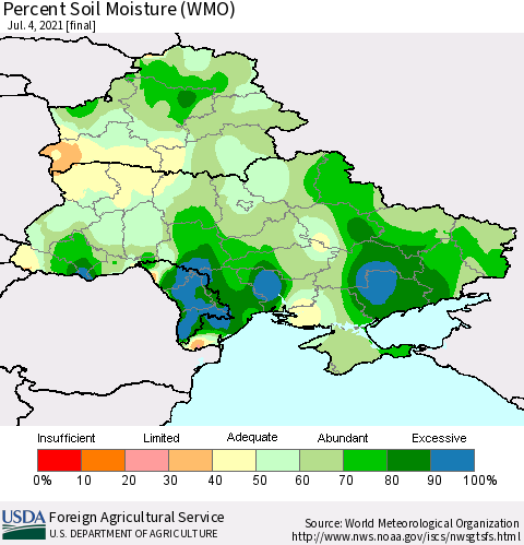 Ukraine, Moldova and Belarus Percent Soil Moisture (WMO) Thematic Map For 6/28/2021 - 7/4/2021