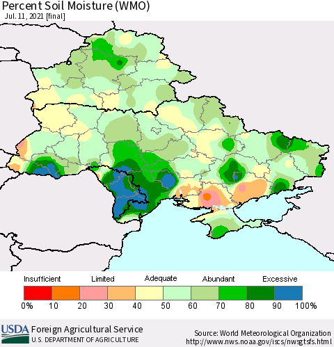 Ukraine, Moldova and Belarus Percent Soil Moisture (WMO) Thematic Map For 7/5/2021 - 7/11/2021