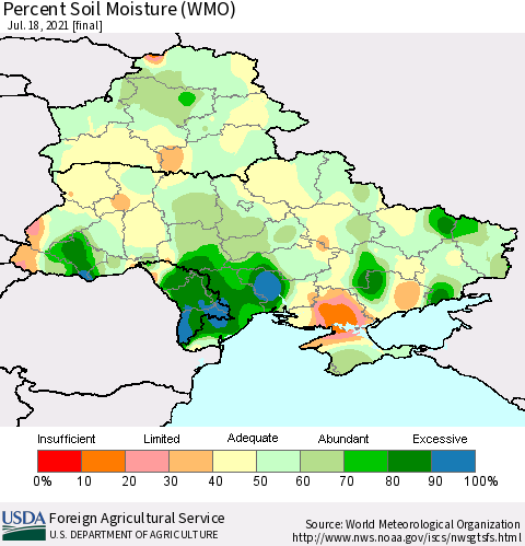Ukraine, Moldova and Belarus Percent Soil Moisture (WMO) Thematic Map For 7/12/2021 - 7/18/2021