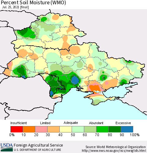 Ukraine, Moldova and Belarus Percent Soil Moisture (WMO) Thematic Map For 7/19/2021 - 7/25/2021