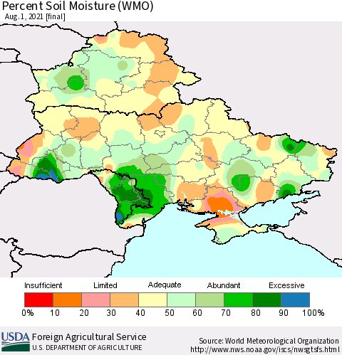 Ukraine, Moldova and Belarus Percent Soil Moisture (WMO) Thematic Map For 7/26/2021 - 8/1/2021