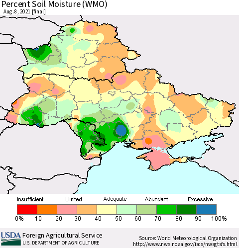 Ukraine, Moldova and Belarus Percent Soil Moisture (WMO) Thematic Map For 8/2/2021 - 8/8/2021