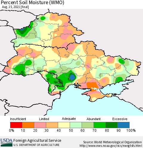 Ukraine, Moldova and Belarus Percent Soil Moisture (WMO) Thematic Map For 8/9/2021 - 8/15/2021