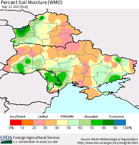 Ukraine, Moldova and Belarus Percent Soil Moisture (WMO) Thematic Map For 8/16/2021 - 8/22/2021