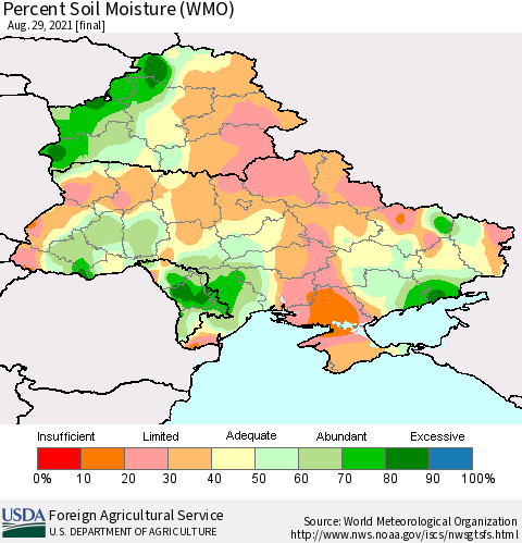 Ukraine, Moldova and Belarus Percent Soil Moisture (WMO) Thematic Map For 8/23/2021 - 8/29/2021