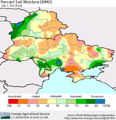 Ukraine, Moldova and Belarus Percent Soil Moisture (WMO) Thematic Map For 8/30/2021 - 9/5/2021