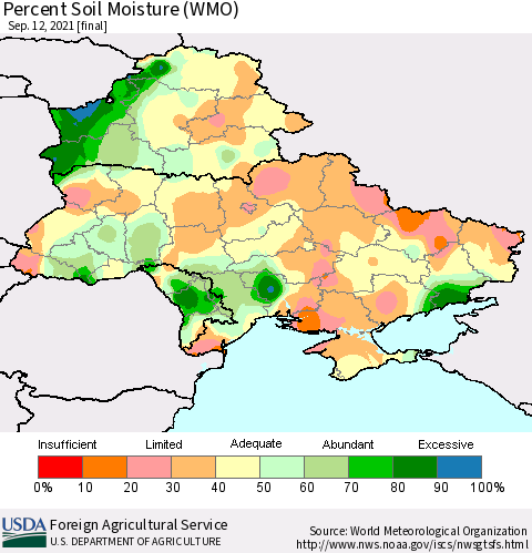 Ukraine, Moldova and Belarus Percent Soil Moisture (WMO) Thematic Map For 9/6/2021 - 9/12/2021