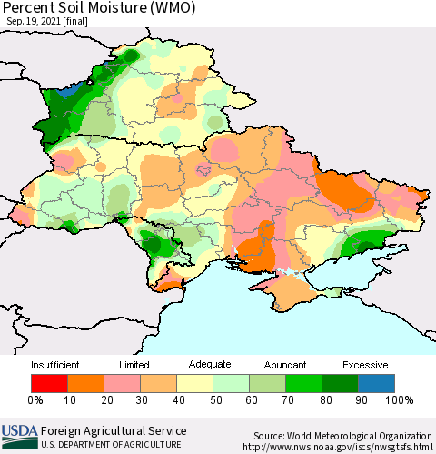 Ukraine, Moldova and Belarus Percent Soil Moisture (WMO) Thematic Map For 9/13/2021 - 9/19/2021