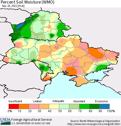 Ukraine, Moldova and Belarus Percent Soil Moisture (WMO) Thematic Map For 9/20/2021 - 9/26/2021