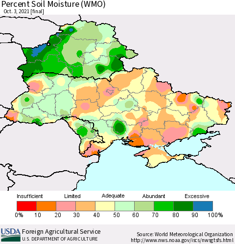 Ukraine, Moldova and Belarus Percent Soil Moisture (WMO) Thematic Map For 9/27/2021 - 10/3/2021
